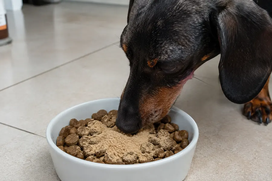 Pó palatável misturado à alimentação de um cão